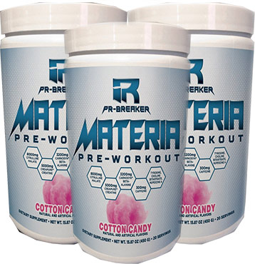 3 bottles of materia pre workout next to each other artistically, presented to show the reader how they look.