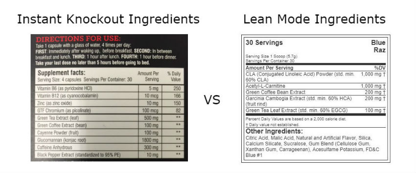 Instant Knockout vs Lean Mode Ingredients